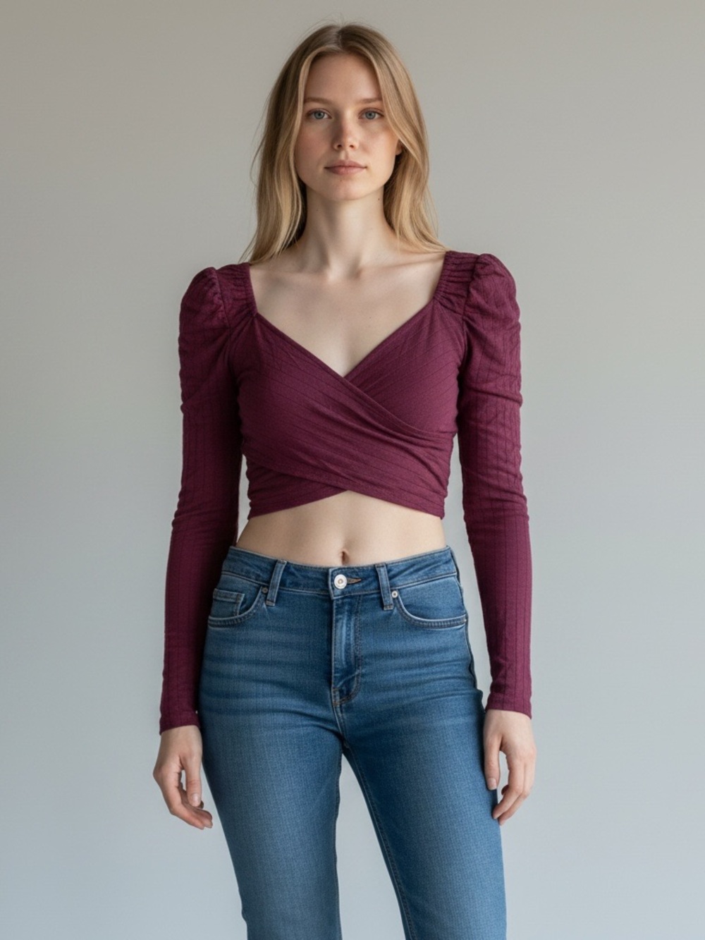 Wrap-Front Long-Sleeve Cropped Top in Deep Plum